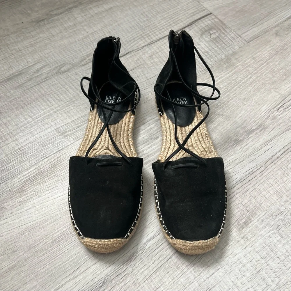 EILEEN FISHER Lace Leather Espadrille Black and Tan Size 7